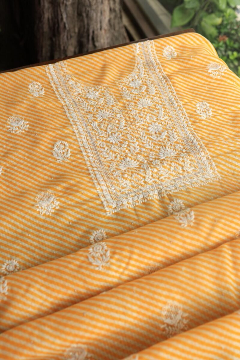 Yellow Kota Cotton Chikankari Unstitched Kurta Fabrics