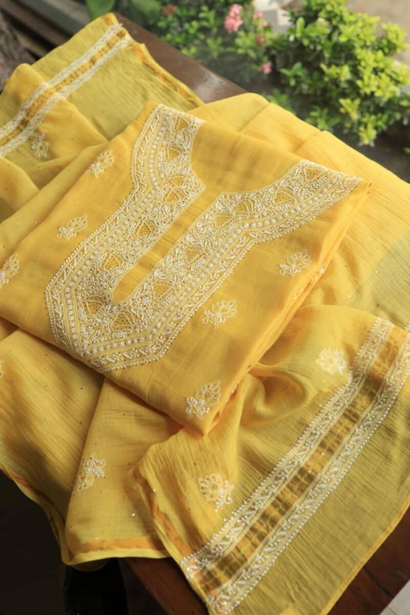 Yellow Mal Cotton Chikankari Unstitched Kurta Dupatta Fabrics With Kamdani