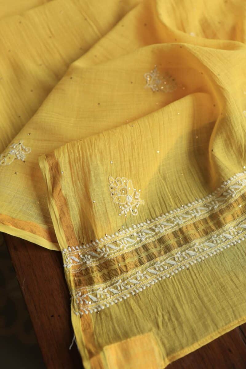 Yellow Mal Cotton Chikankari Unstitched Kurta Dupatta Fabrics With Kamdani