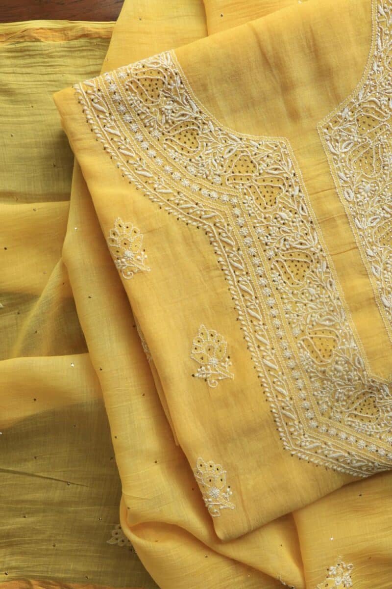 Yellow Mal Cotton Chikankari Unstitched Kurta Dupatta Fabrics With Kamdani