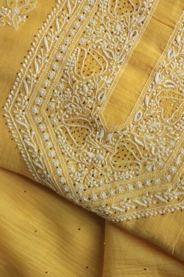 Yellow Mal Cotton Chikankari Unstitched Kurta Dupatta Fabrics With Kamdani - Image 2