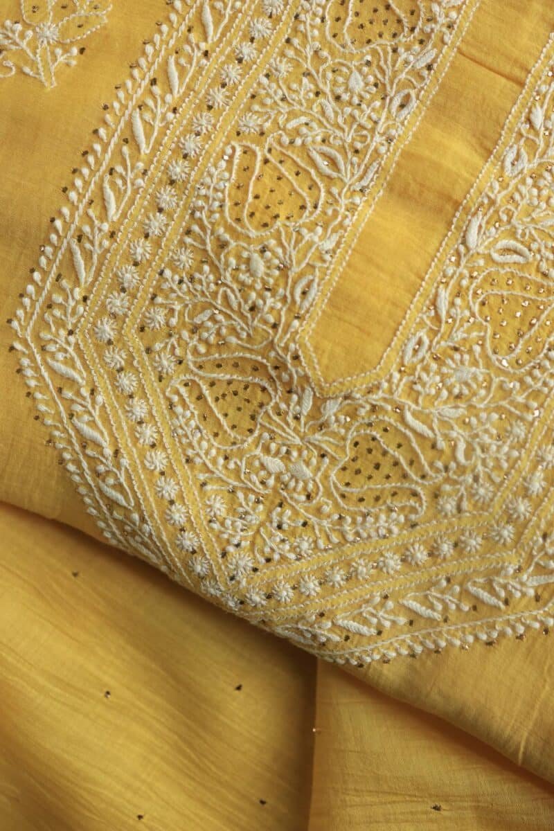 Yellow Mal Cotton Chikankari Unstitched Kurta Dupatta Fabrics With Kamdani
