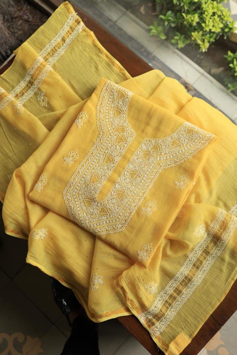 Yellow Mal Cotton Chikankari Unstitched Kurta Dupatta Fabrics With Kamdani