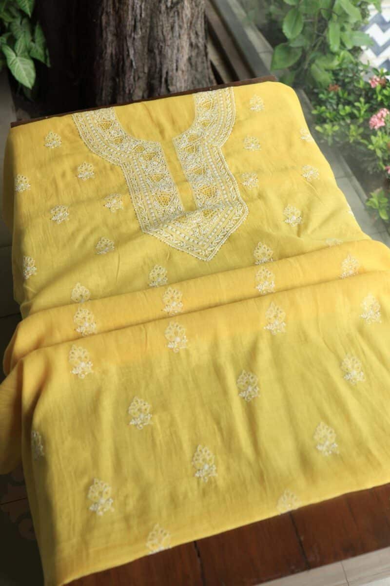 Yellow Mal Cotton Chikankari Unstitched Kurta Dupatta Fabrics With Kamdani