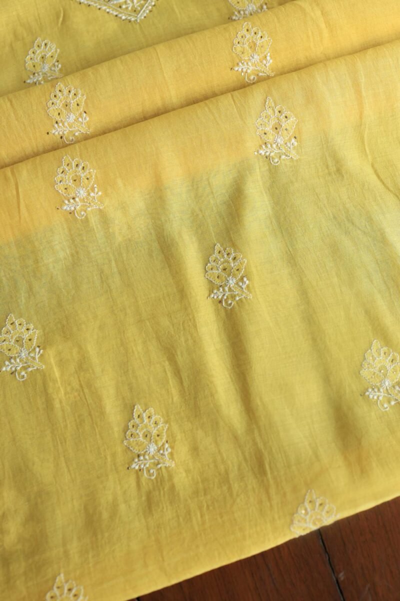 Yellow Mal Cotton Chikankari Unstitched Kurta Dupatta Fabrics With Kamdani