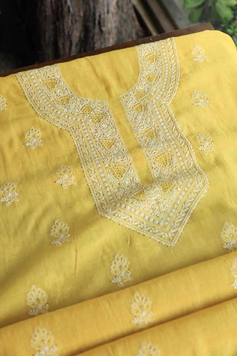 Yellow Mal Cotton Chikankari Unstitched Kurta Dupatta Fabrics With Kamdani