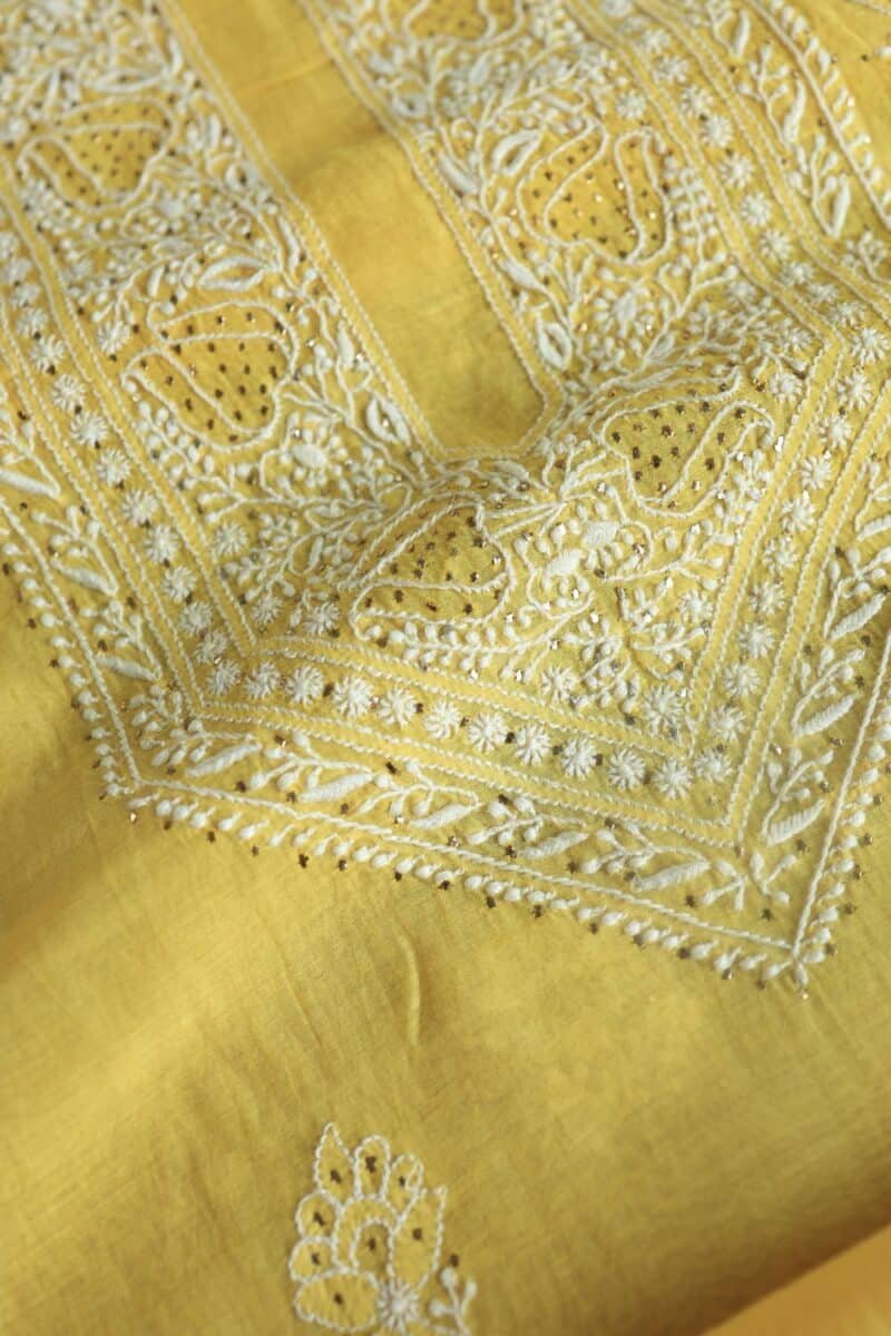 Yellow Mal Cotton Chikankari Unstitched Kurta Dupatta Fabrics With Kamdani
