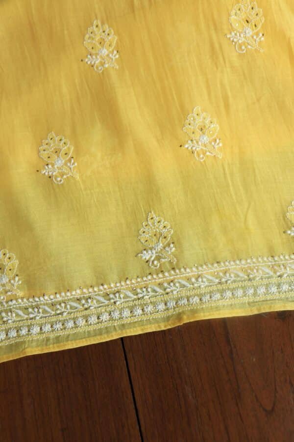 Yellow Mal Cotton Chikankari Unstitched Kurta Dupatta Fabrics With Kamdani - Image 9