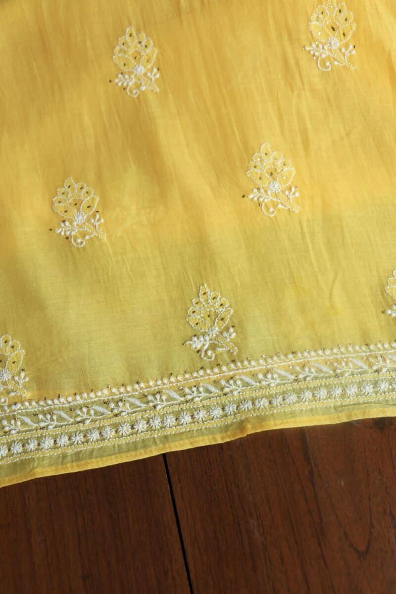 Yellow Mal Cotton Chikankari Unstitched Kurta Dupatta Fabrics With Kamdani