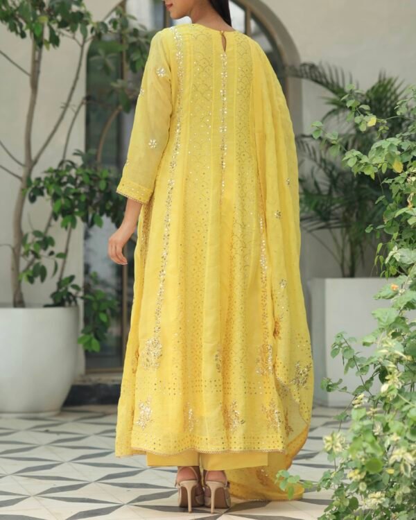 Yellow Noor Organza Badla Anarkali With Dupatta - Image 12