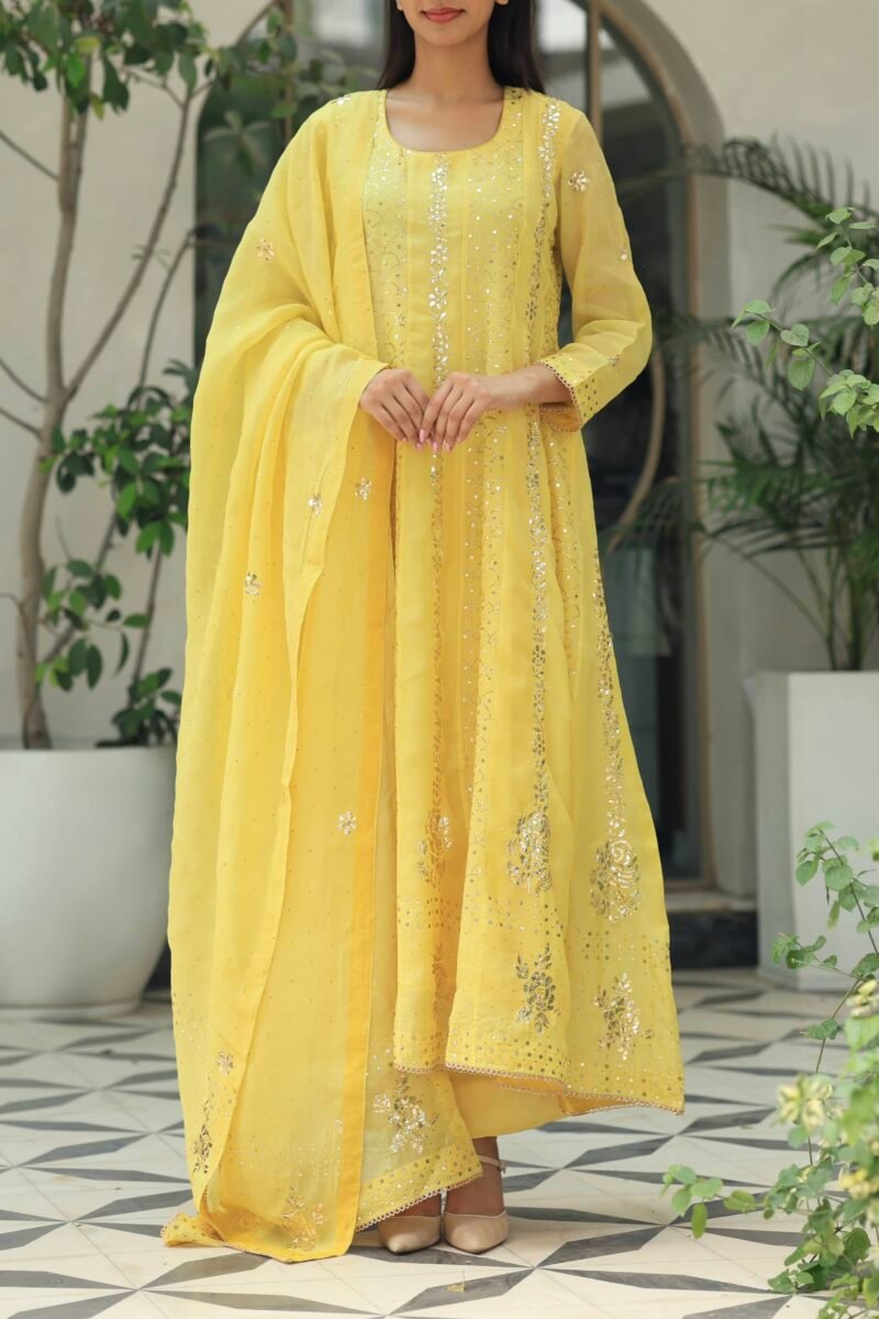Yellow Noor Organza Badla Anarkali With Dupatta