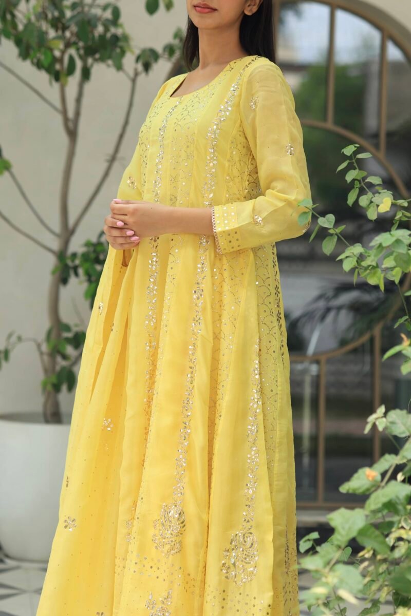 Yellow Noor Organza Badla Anarkali With Dupatta