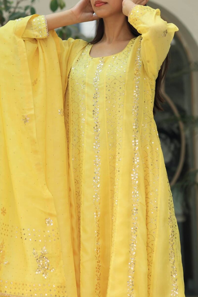 Yellow Noor Organza Badla Anarkali With Dupatta