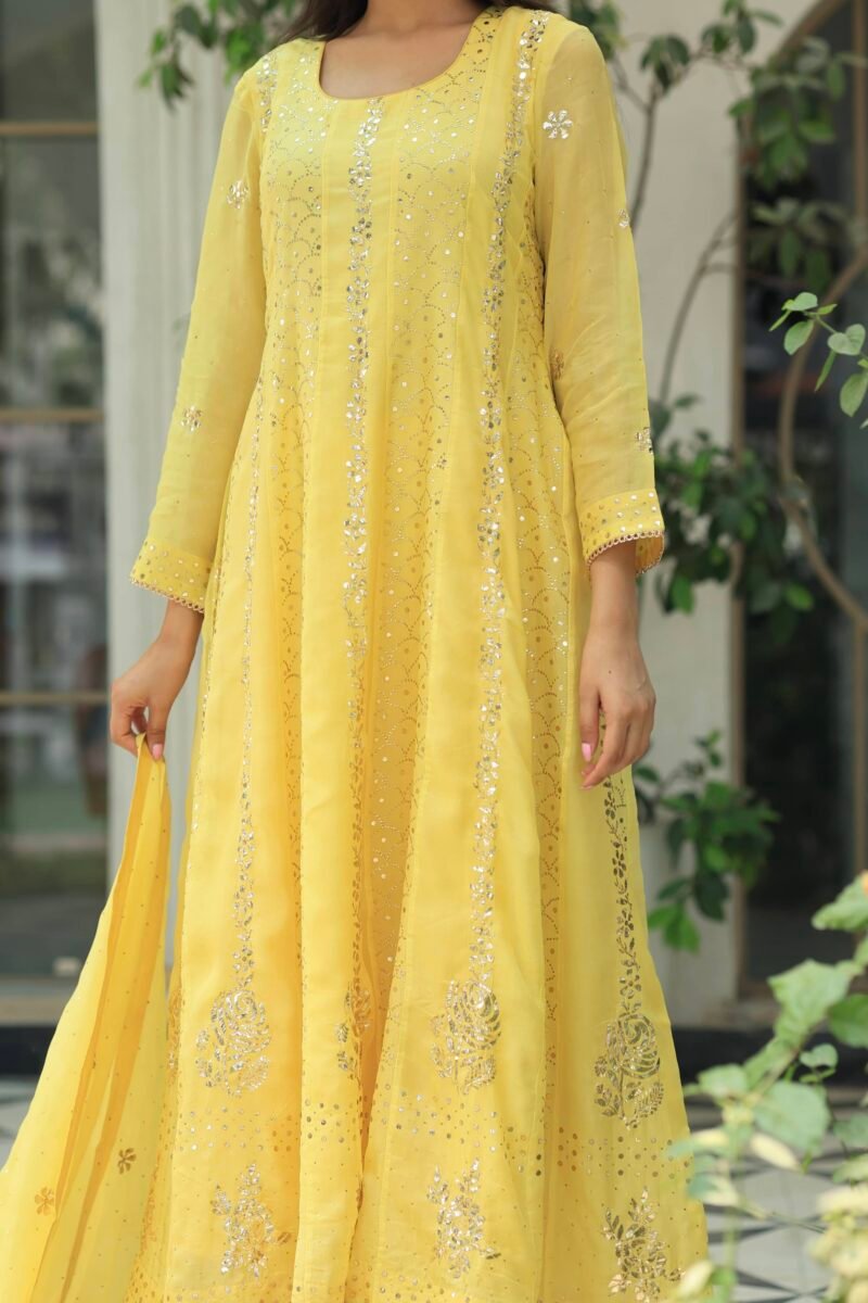 Yellow Noor Organza Badla Anarkali With Dupatta