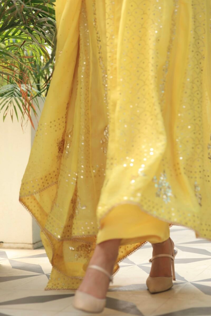 Yellow Noor Organza Badla Anarkali With Dupatta