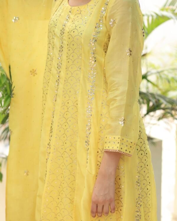 Yellow Noor Organza Badla Anarkali With Dupatta - Image 9