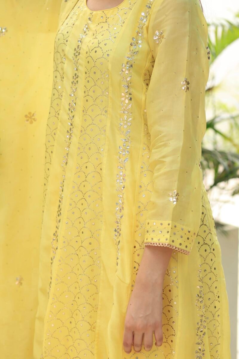 Yellow Noor Organza Badla Anarkali With Dupatta