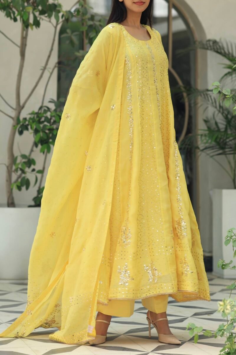 Yellow Noor Organza Badla Anarkali With Dupatta