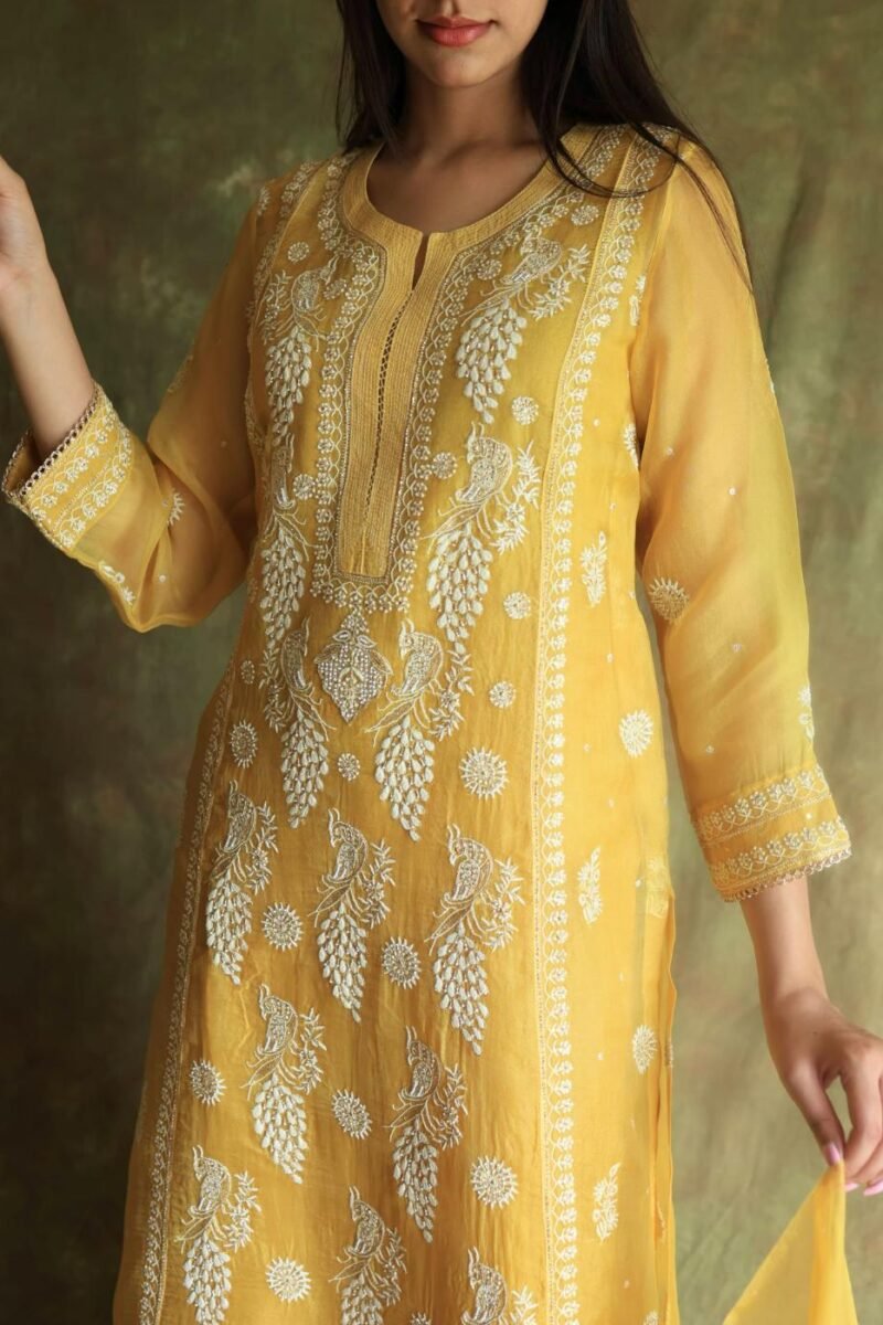 Yellow Noor Organza Silk Chikankari Straight Cut Kurta Dupatta Set
