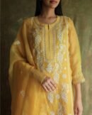 Yellow Noor Organza Silk Chikankari Straight Cut Kurta Dupatta Set