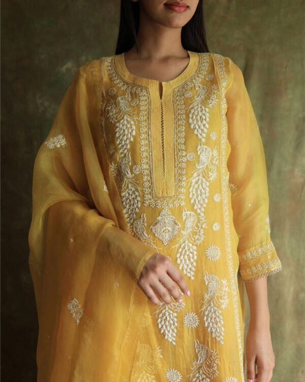 Yellow Noor Organza Silk Chikankari Straight Cut Kurta Dupatta Set