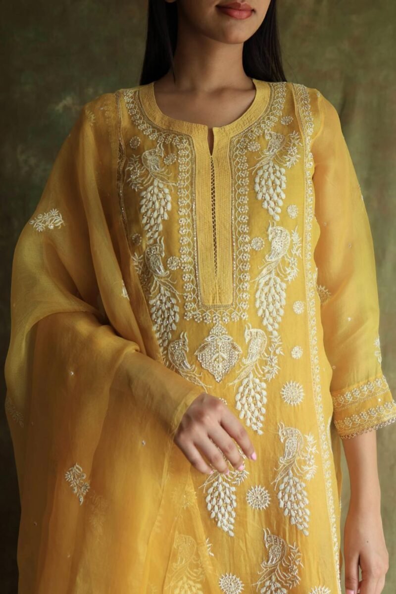 Yellow Noor Organza Silk Chikankari Straight Cut Kurta Dupatta Set