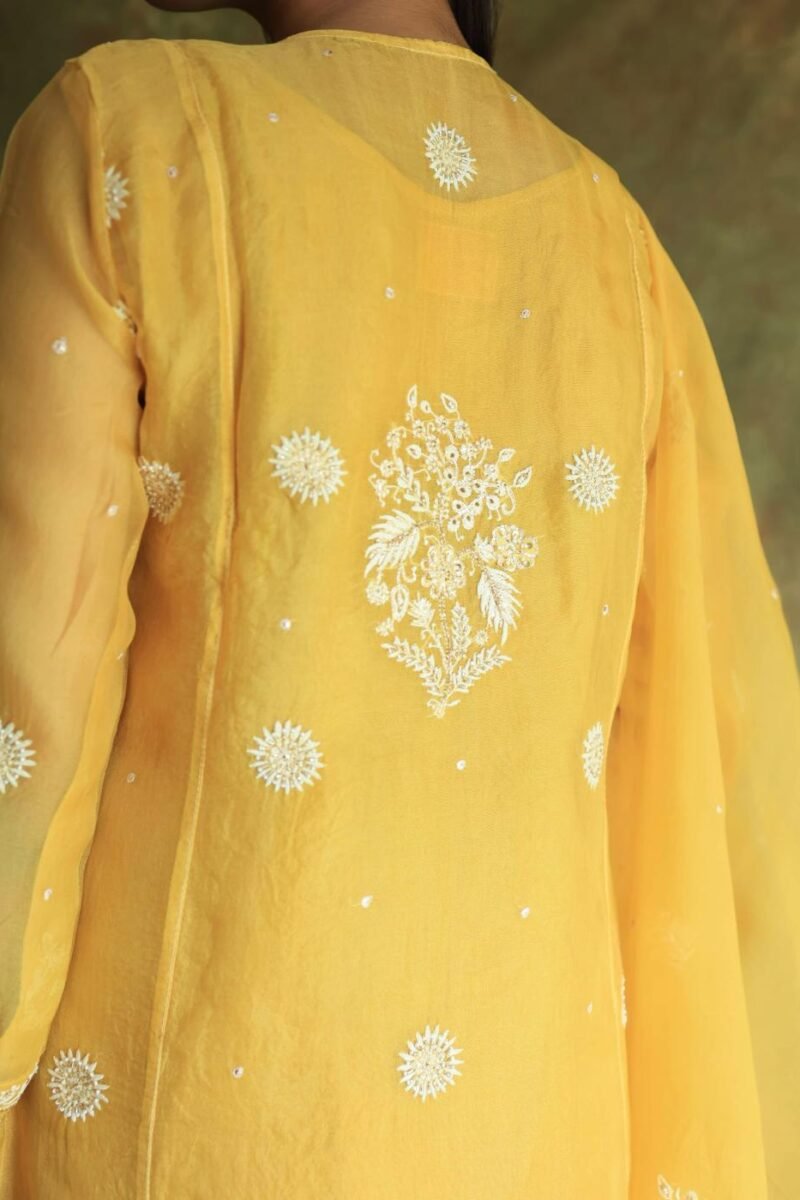 Yellow Noor Organza Silk Chikankari Straight Cut Kurta Dupatta Set