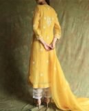Yellow Noor Organza Silk Chikankari Straight Cut Kurta Dupatta Set