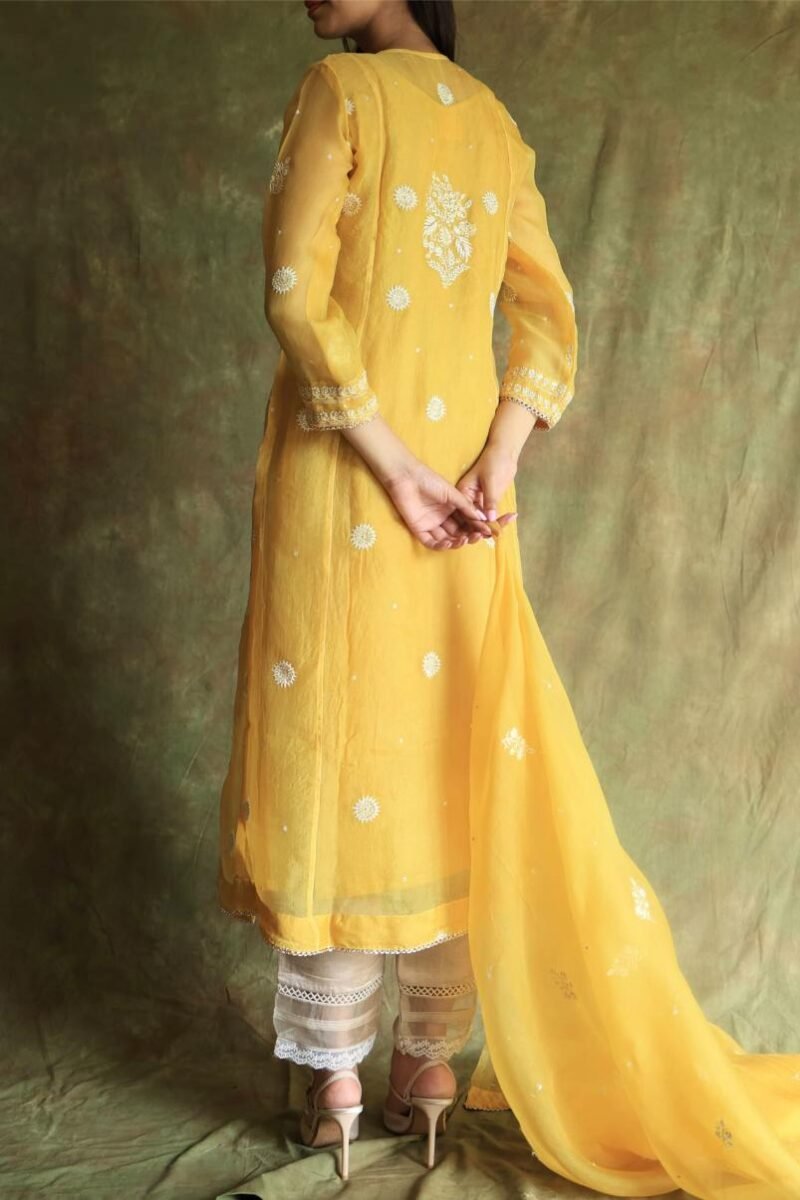 Yellow Noor Organza Silk Chikankari Straight Cut Kurta Dupatta Set