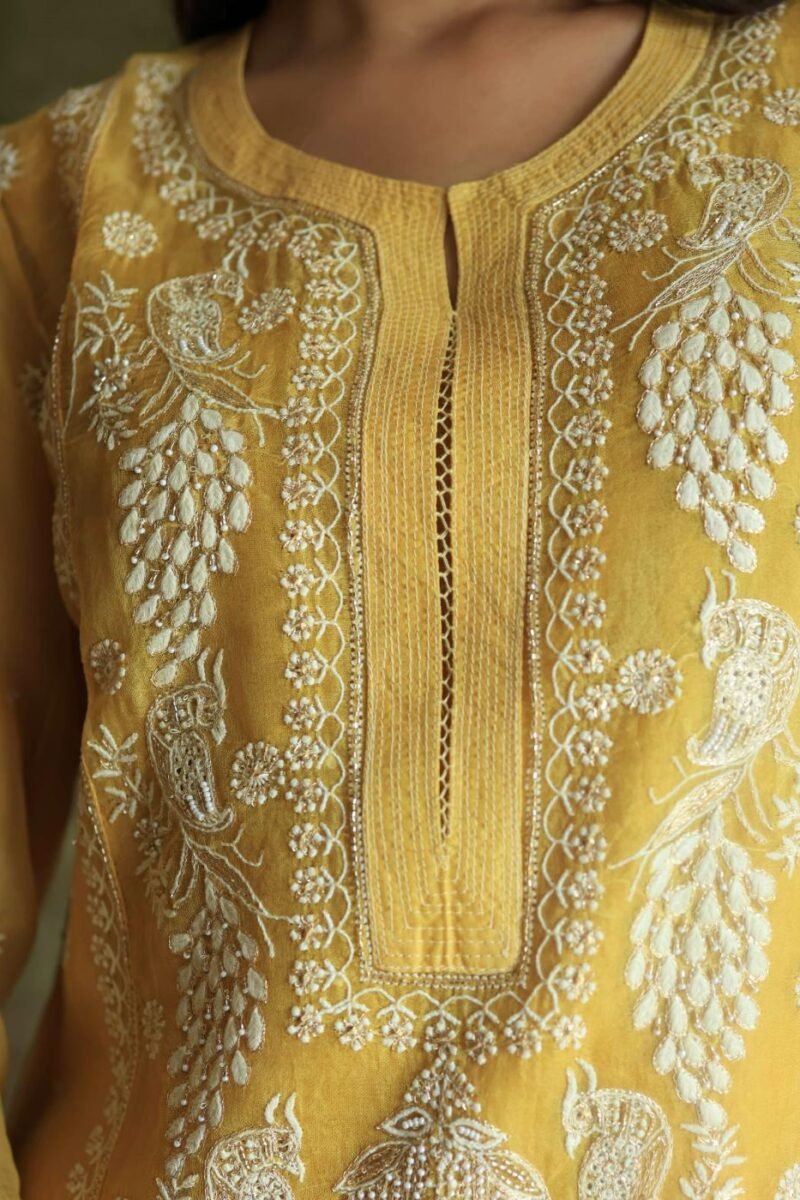 Yellow Noor Organza Silk Chikankari Straight Cut Kurta Dupatta Set