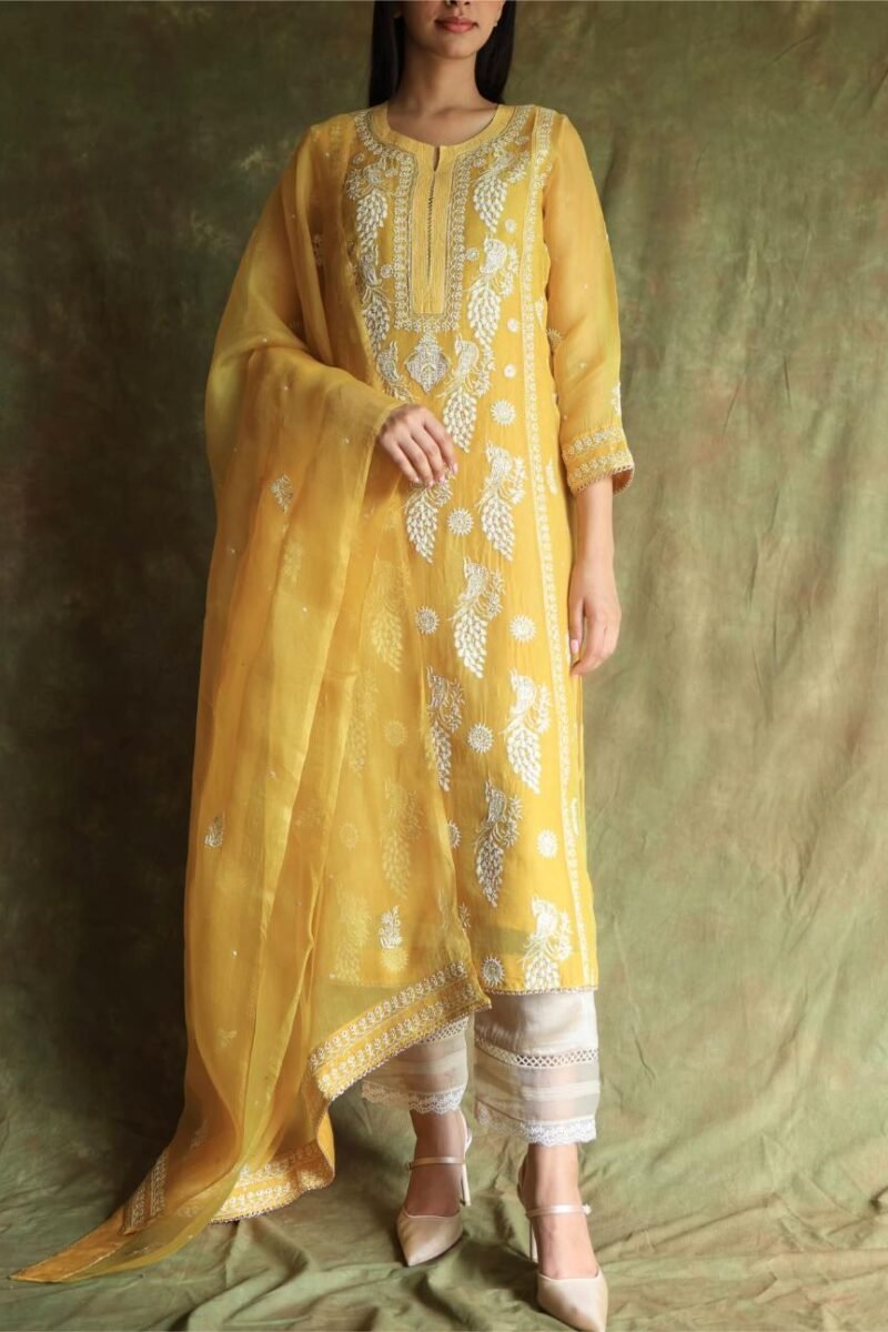 Yellow Noor Organza Silk Chikankari Straight Cut Kurta Dupatta Set