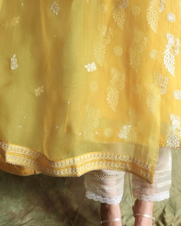 Yellow Noor Organza Silk Chikankari Straight Cut Kurta Dupatta Set - Image 12