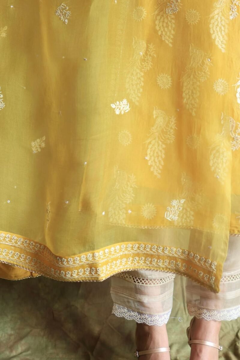 Yellow Noor Organza Silk Chikankari Straight Cut Kurta Dupatta Set