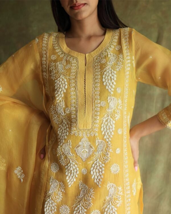 Yellow Noor Organza Silk Chikankari Straight Cut Kurta Dupatta Set - Image 3