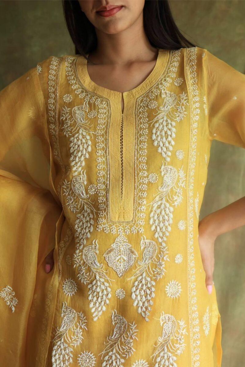 Yellow Noor Organza Silk Chikankari Straight Cut Kurta Dupatta Set