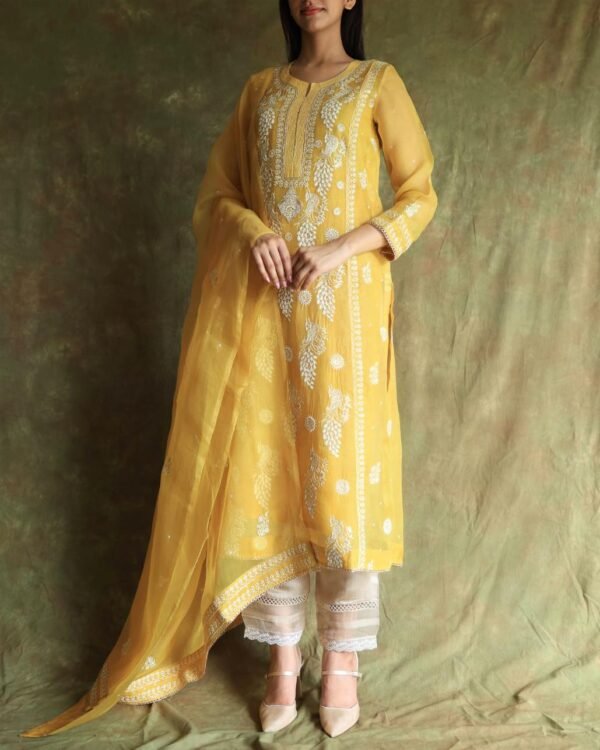 Yellow Noor Organza Silk Chikankari Straight Cut Kurta Dupatta Set - Image 4