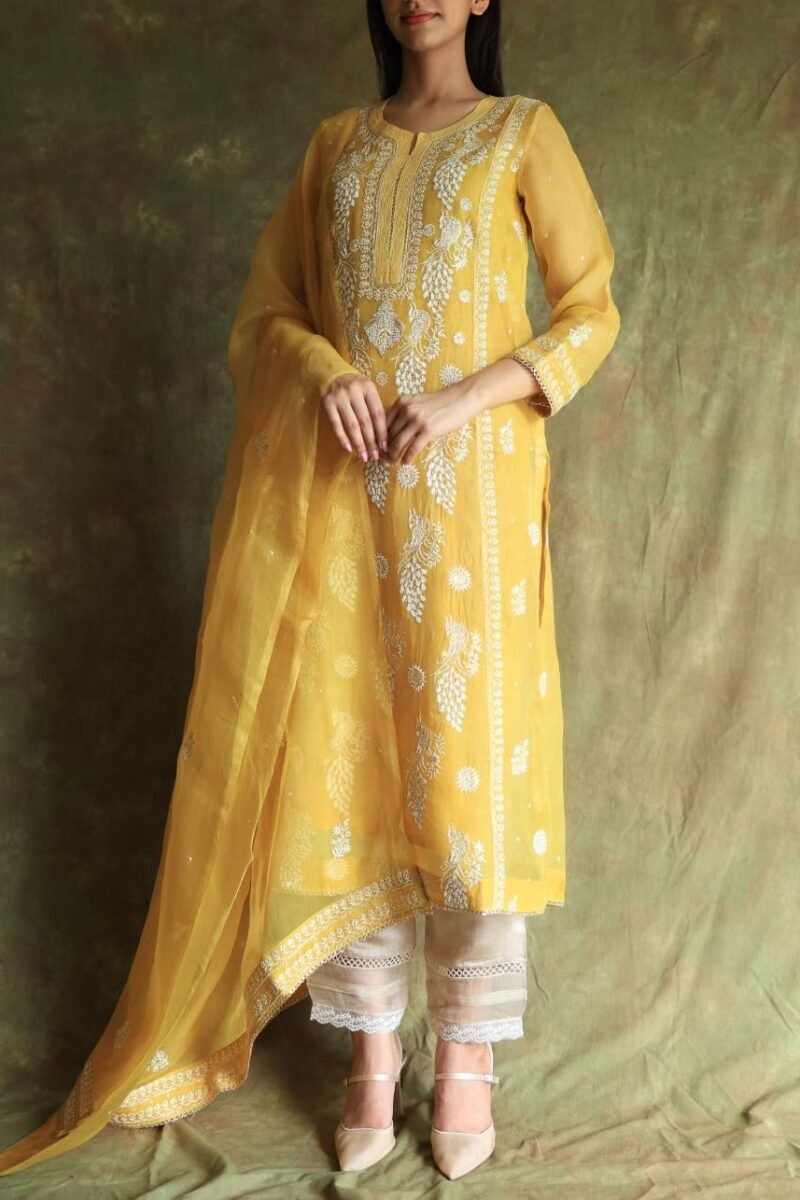 Yellow Noor Organza Silk Chikankari Straight Cut Kurta Dupatta Set