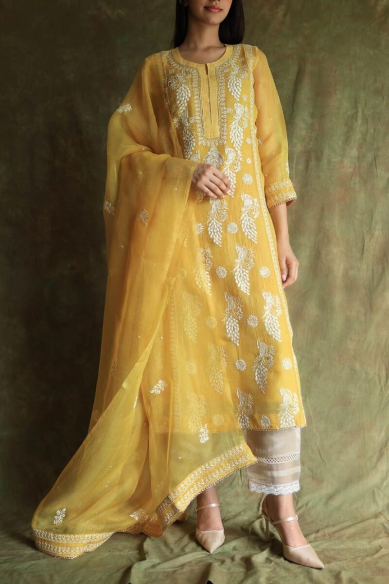 Yellow Noor Organza Silk Chikankari Straight Cut Kurta Dupatta Set