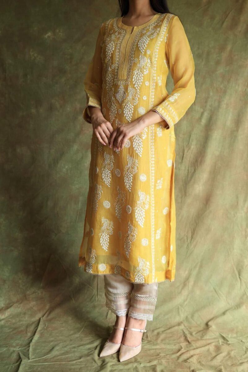 Yellow Noor Organza Silk Chikankari Straight Cut Kurta Dupatta Set