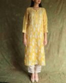 Yellow Noor Organza Silk Chikankari Straight Cut Kurta Dupatta Set