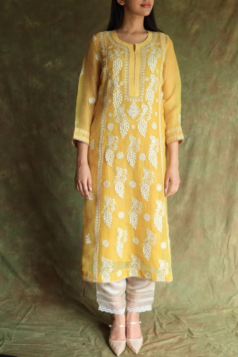 Yellow Noor Organza Silk Chikankari Straight Cut Kurta Dupatta Set
