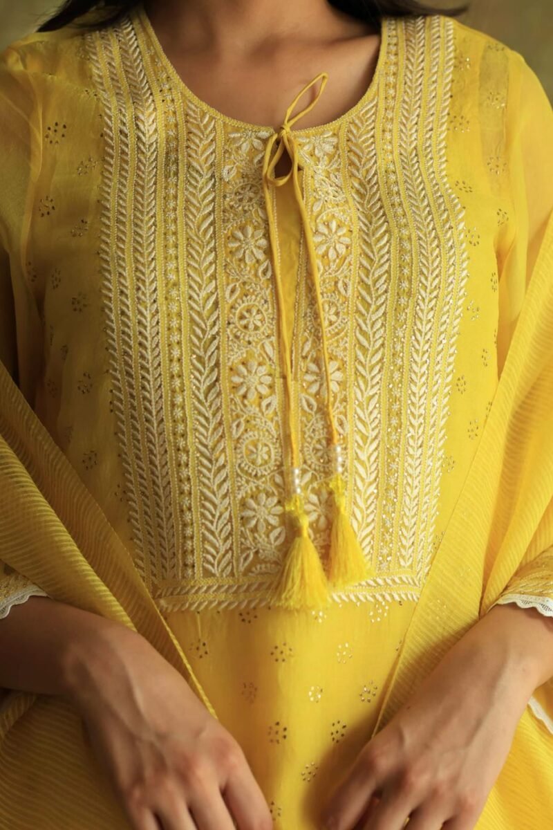 Yellow Mukaish Kamdani Noor Organza Chikankari Kurta Set