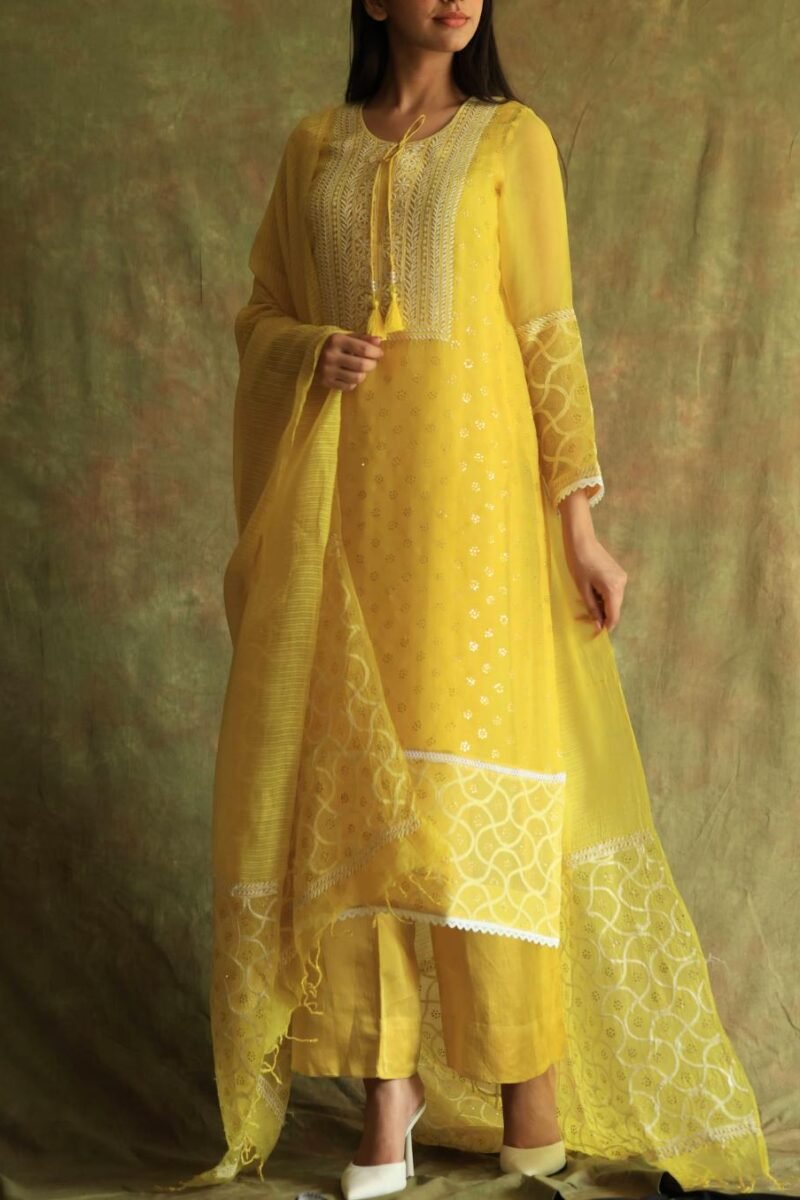 Yellow Mukaish Kamdani Noor Organza Chikankari Kurta Set