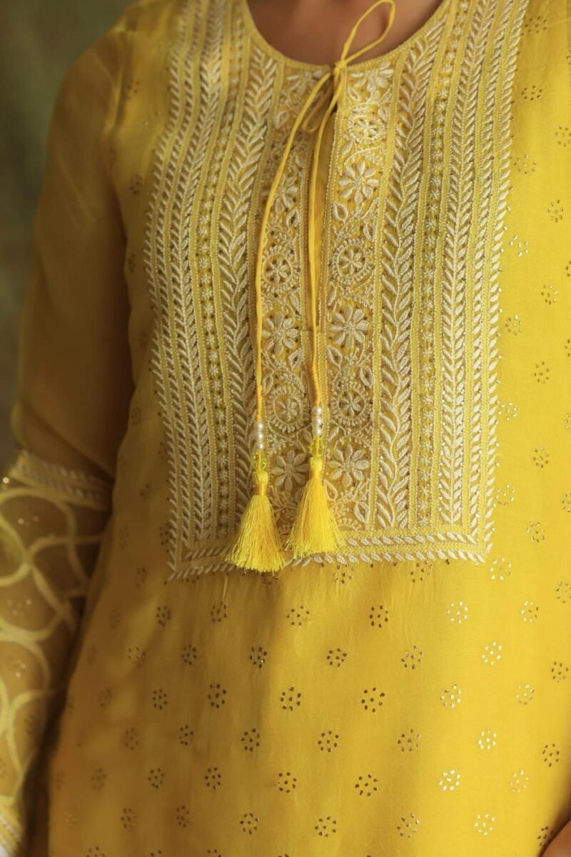 Yellow Mukaish Kamdani Noor Organza Chikankari Kurta Set