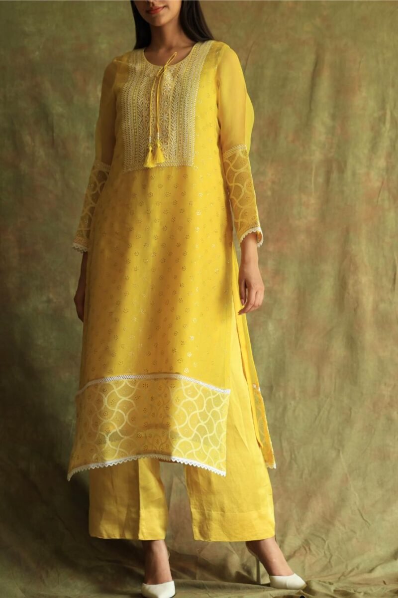 Yellow Mukaish Kamdani Noor Organza Chikankari Kurta Set