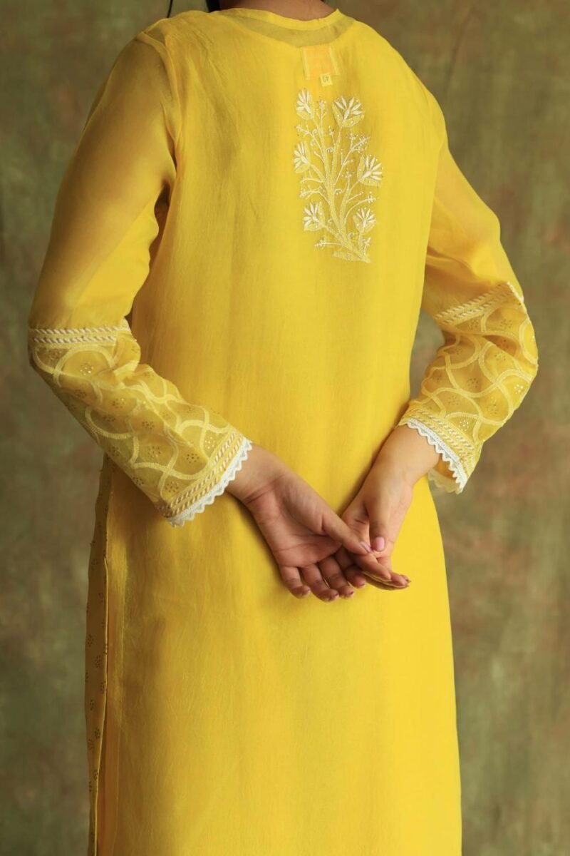 Yellow Mukaish Kamdani Noor Organza Chikankari Kurta Set