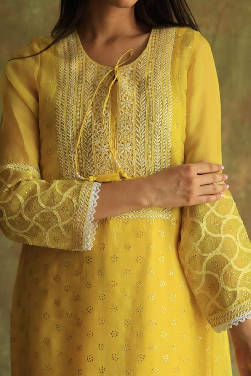 Yellow Mukaish Kamdani Noor Organza Chikankari Kurta Set