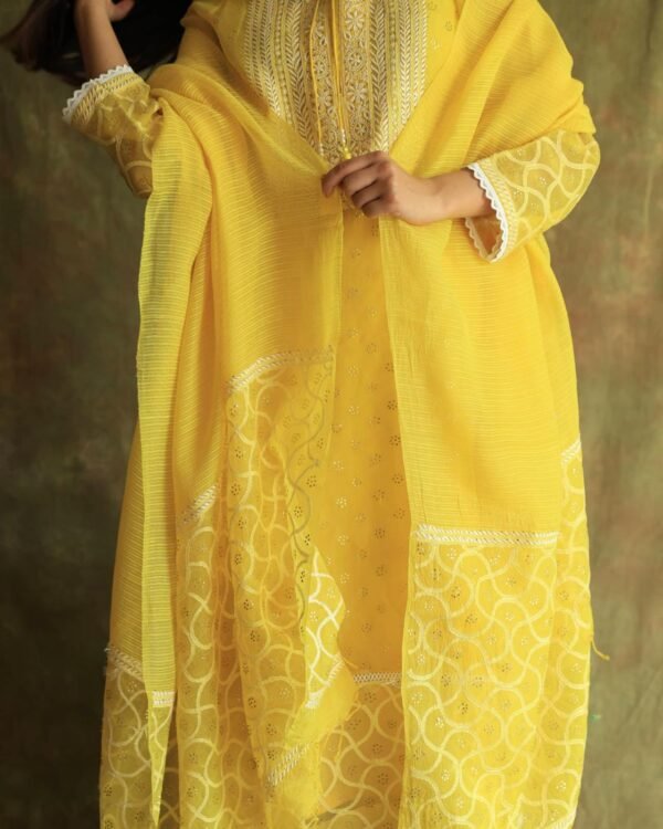 Yellow Mukaish Kamdani Noor Organza Chikankari Kurta Set - Image 16