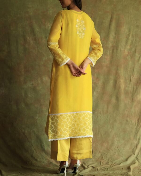 Yellow Mukaish Kamdani Noor Organza Chikankari Kurta Set - Image 17