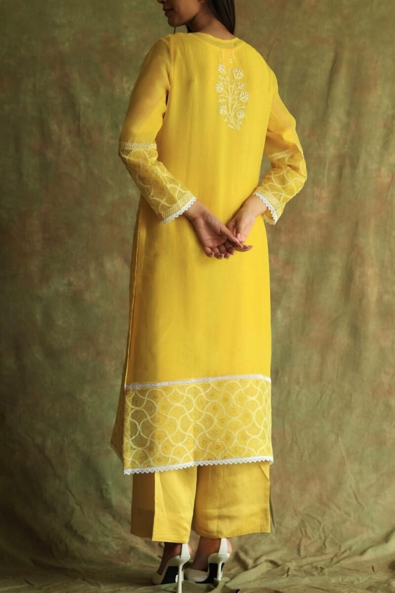Yellow Mukaish Kamdani Noor Organza Chikankari Kurta Set